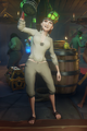 A female pirate with two missing teeth.