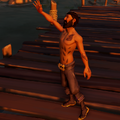 The chest and arm tattoos feature hens, feathers and cooked chicken legs. The chicken foot on the left hand can be seen during some actions if the player is not wearing gloves or a hook.