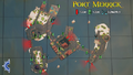 Detailed map of Port Merrick which shows locations of tactical elements (cannons, ladders, rowboat docks) on the island.